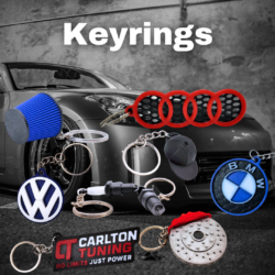 An Image of all keyrings available to but, Audi Style keyring, Volkswagen Style Keyring, Cone Air Filter Keyring, Spark Plug Keyring, Disc Calliper Keyring, Carlton Tuning Logo Keyring
